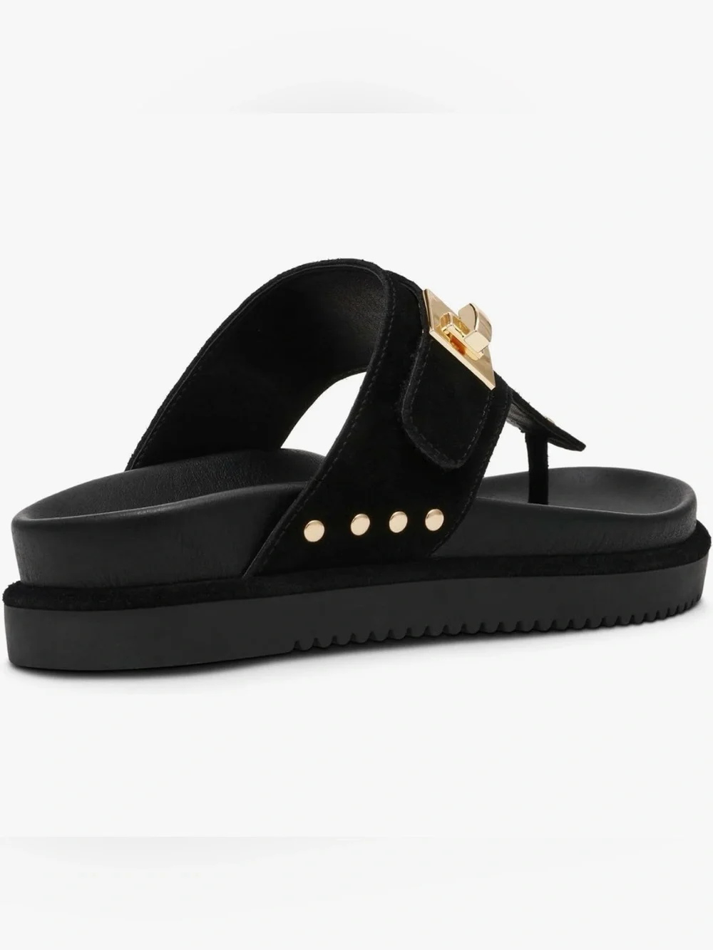 New Steve Madden Black Suede Toe-Post Sandals with Gold Hardware - Picture 3 of 10